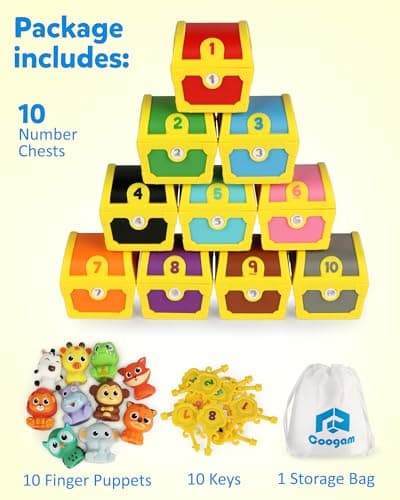 Coogam Jouets de motricité fine pour les tout-petits, 10 pièces d'animaux surprises marionnettes à doigts avec verrous numérotés, jeu de chasse aux pirates, jeu d'apprentissage Montessori cadeau pour
