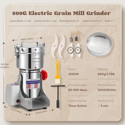 Moongiantgo 800g Moulin Céréales Électrique Numérique avec Affichage LED, Acier Inoxydable & Haute Vitesse Moteur Commercial 2500W 36000RPM pour Céréale Séché/Herbes/Épices/Noix - Manual en Français