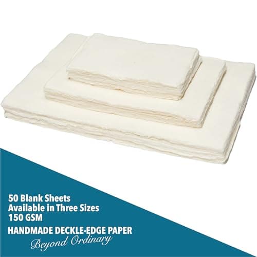 Papier Mixte A5 Crème Fait À La Main Avec Bord Frangé - 21 X 15 cm - 150 GSM - Papier Texturé Coloré Pressé À Froid Fabriqué Avec Du Coton Recyclé Pour Invitations - 50 Feuilles