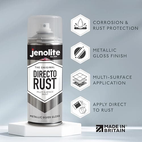 JENOLITE Directorust Peinture aérosol brillante métallique | Argenté | 3 x 400 ml | Peinture aérosol dorée multi-surfaces pour métal, bois, plastique | Apprêt tout-en-un, sous-couche et couche de