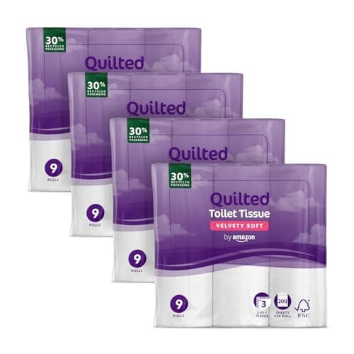 by Amazon Papier Toilette, 3 Épaisseurs Matelassé, Doux et Soyeux, 36 Rouleaux (4 Paquets de 9), 200 Feuilles par Rouleau, Certifié FSC