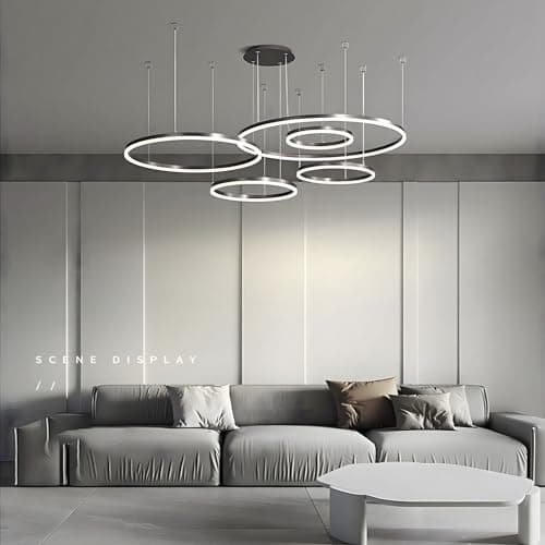 YYUTLUO Lustre LED Moderne DIY Cercle | 5 Noire Anneaux :20+40+60+80+100cm=130W | Éclairage Suspendu LED Métal+Acrylique Télécommande Intensité Variable 2,4G Lampe Suspendue Plafond Ronde Salon