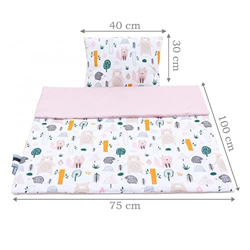 Bellochi Set de Couette Bebe 75x100 cm et Coussin Enfant 30x40cm - Couverture Enfant Réversible et Entièrement Lavable - 100% Coton - Tresor