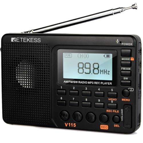 Retekess V115 Radio Portable,Petite Radio Rechargeable,FM AM SW, Piles et Secteur,Carte TF,Enregistreur, MP3,Minuterie de Sommeil,Salle de Bain,Cuisine(Noir)