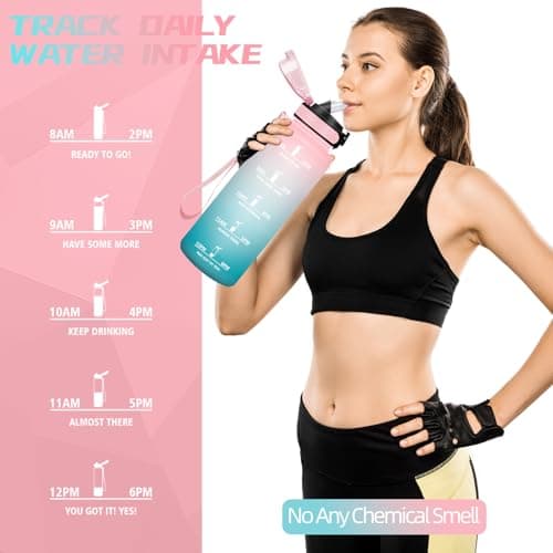 Gourde 1.5L, Gourde Sport avec Paille, Gourde Motivation anti Fuite, avec Marqueur de Temps, Gourdes de Camping et Randonnée, Facile à Nettoyer, Gourde Adulte pour Yoga, Running, Camping, Rose-Cyan