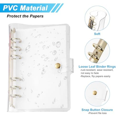 PATIKIL Couverture de Classeur Transparente A6, 2 Pcs, Protecteur de Classeur à Feuilles Mobiles en PVC Souple avec Fermeture à Bouton-Pression, 6 Anneaux Dorés pour Cahier, Transparent