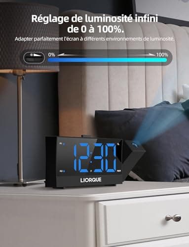 LIORQUE Radio Reveil Projection Plafond, Reveil Projecteur Plafond avec Double Alarme, Radio Réveil avec Grand Écran, Snooze, Réglage de Luminosité Infini, 2 Ports de Chargement USB