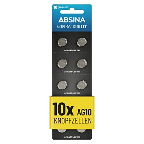 ABSINA 10x Pile LR1130 AG10 LR54-1,5V Alcaline étanche & Longue durée - V10GA / RW49 / G10A / 189 / GP189 / L1130 / 89A - Pile LR54 Pile Bouton, Pile L1131C, Pile L1131, Piles LR54, Piles AG10