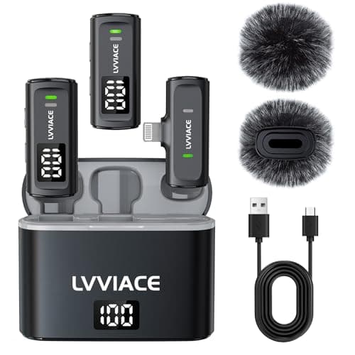LVVIACE Micro Cravate pour iPhone iPad avec étui de Chargement de 40 Heures pour l'émetteur et l'affichage Numérique, Micro Cravate sans Filde 82 Pieds avec Annulation de Bruit (Lightning)