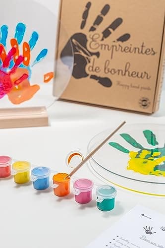Patrocle Empreintes de Bonheur - Kit Empreinte Famille de 4 Peps - Coffret Naissance - Empreintes mains et pieds - Fête des Mères - Support bois - Made in France - 4 plexiglas