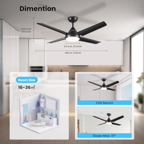 Newday Ventilateur de Plafond avec Lampe Noir, 122cm avec Lumiere Silencieux, avec éclairage et Télécommande Pour Chambre Salon Bureau Cuisine