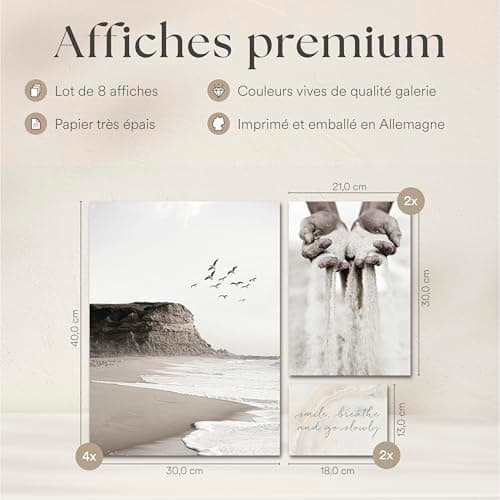 ARTFAVES® - Lot d'affiches - RÊVES BEIGE - Décoration murale 8 affiches modernes herbe de la pampa, mer, plage, pleine conscience, yoga - sans cadre