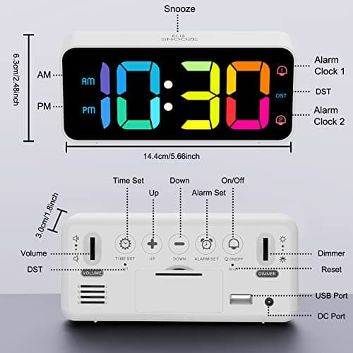 HOMVILLA Reveil, Réveil Numérique avec Grand écran LED, 0-100% Luminosité, 90-120 DB Volume, 2 Alarmes, 12/24H, Fonction Snooze, Port de Recharge USB, (Adaptateur Inclure), Blanc-Couleur