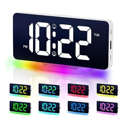 VINILITE Réveil Numérique Reveil Lumineux avec Veilleuse 10 Couleurs LED Horloge Digitale Luminosité Réglable, Fonction Snooze/ 2 Alarme/ 12/24H/ Port de Recharge USB (Blanc)