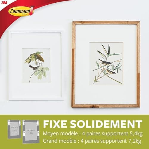 Command Languettes Accroches Tableaux Moyen et Grand Modèles, Blanc, 8 x 2 L + 8 X 2 M, 32 Languettes - Fixation sans Dommage