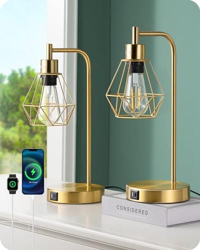 EDISHINE Lampe de Table LED E27 Ampoule Dimmable à 3 Niveaux, USB A & USB C Port de Charge, Contrôle Tactile, Lampe de Chevet Industrielle avec Abat-jour en Forme de Diamant, Doré, 2pcs