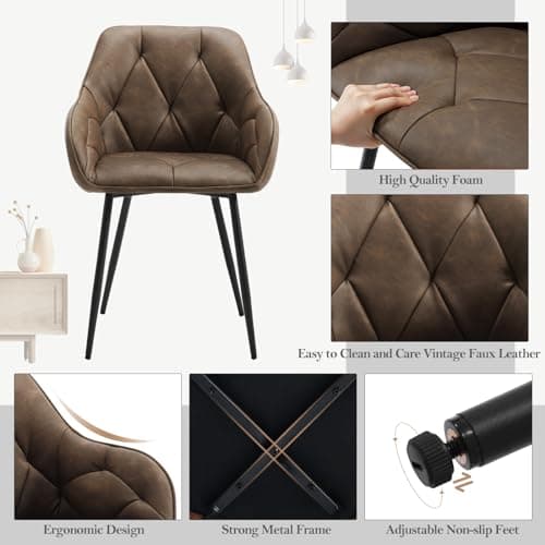 WOLTU Chaise de Salle à Manger, Chaise de Cuisine Rembourrée avec Dossier, Accoudoirs, Pieds en Métal, Chaise Ergonomique pour Salon, Bureau, en Simili Cuir Vintage, Marron foncé, EZS03dbr-1