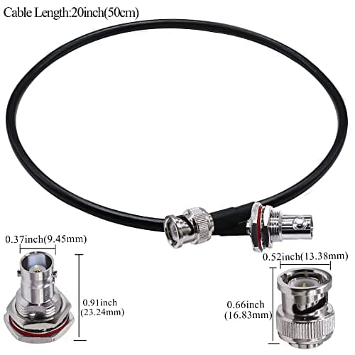 TUOLNK Câble de raccordement BNC RG58 BNC mâle à BNC femelle cloison câble coaxial radio CB 20 pouces (50 cm) câble d'extension d'antenne Wifi pour système de sécurité paquet de 2