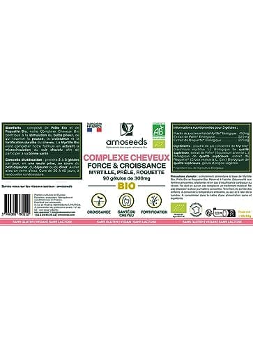 Cheveux BIO | Force & Croissance | Stimule la Pousse, Fortifie les Cheveux | Myrtille, Prêle, Roquette | 90 gélules de 300mg | Qualité Supérieure