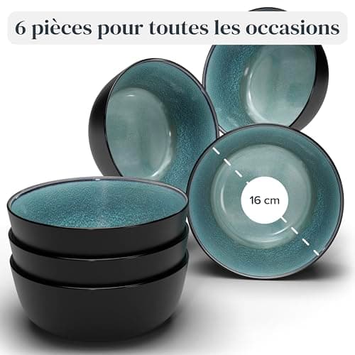 Ensemble 6 Bols Céréales Grès Ibiza - Muesli, Lave-vaisselle, Micro-ondes - Petits Bols Assiettes Creuses, Pure Living bleu pétrole foncé, Service de Table Élégant