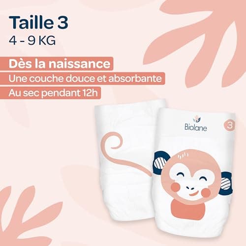 BIOLANE - Couches Taille 3 - (4-9 kg) - Peaux Sensibles - Ultra-Absorbant, Pas de Fuite, 12h au Sec - Pack 1 mois 162 couches - Fabriqué en France