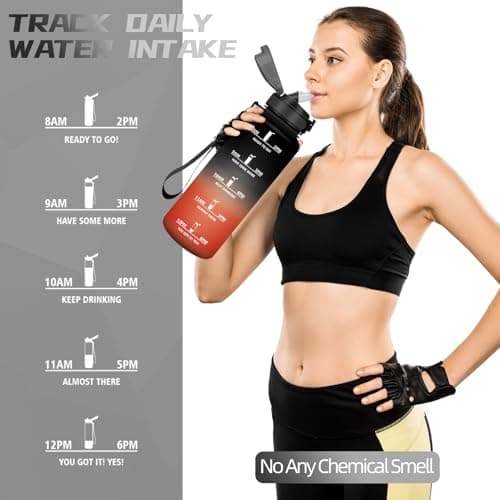 Gourde 1.5L, Gourde Sport avec Paille, Gourde Motivation anti Fuite, avec Marqueur de Temps, Gourdes de Camping et Randonnée, Facile à Nettoyer, Gourde Adulte pour Yoga, Running, Camping, Noir-Rouge