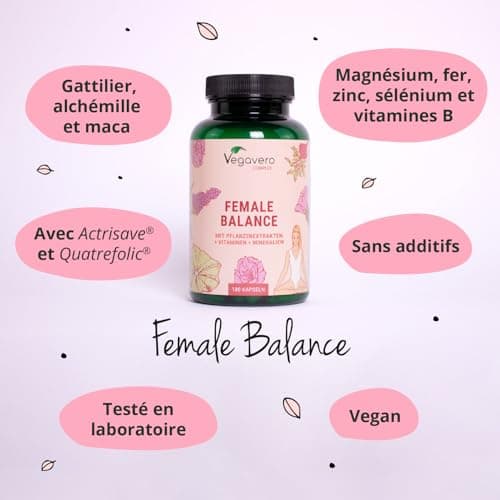 Reequilibrage Hormonal Femme | Avec Gattilier, Maca, Acide Folique | SPM + Dérèglement Hormone œstrogène | 180 Gélules | Vegan & Sans Additifs | Vegavero®