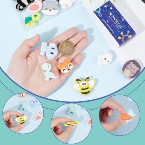 SUNNYCLUE 1boîte 15pcs Perles de Silicone Animal Mignon Perles Focales en Silicone en Vrac Grande Perle Licorne Miel Abeille Renard Panda Grosses Perles Flamant Rose Ours Perles en Caoutchouc