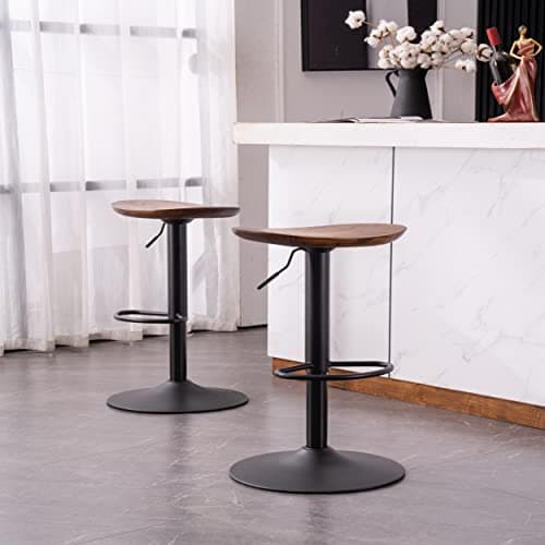 Kidol & Shellder Tabouret de Bar Bois Massif Métal Chaise de Comptoir sans Dossier Rotation 360° Comptoir de Cuisine Hauteur Réglable Noyer Set de 2 Pièces...