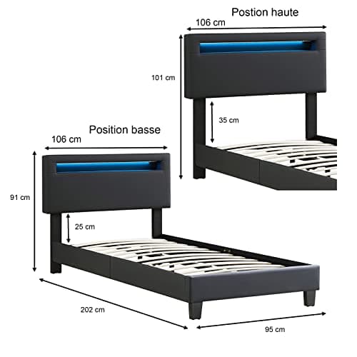 IDIMEX Lit LED Simple 90x190 cm avec sommier, tête de lit réglable en Hauteur, en synthétique Noir, Evan