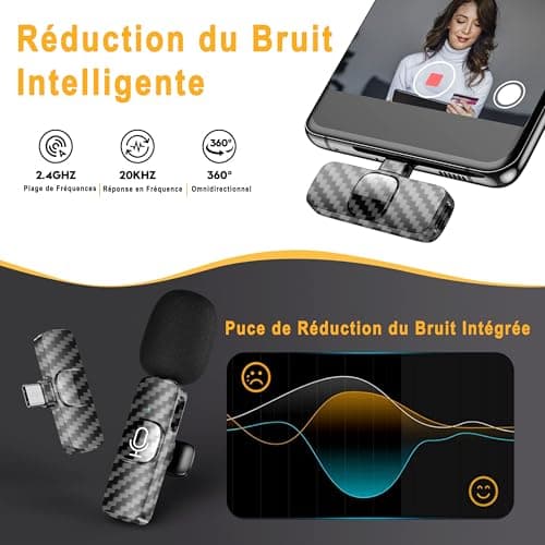 Micro Cravate sans Fil Professionnel pour iPhone/Android/Caméra, Microphone Lavalier sans Fil pour Enregistrement Vidéo, Vlogging, TikTok, YouTube, Réduction du Bruit, Plug & Play - Pack de 2 Micros