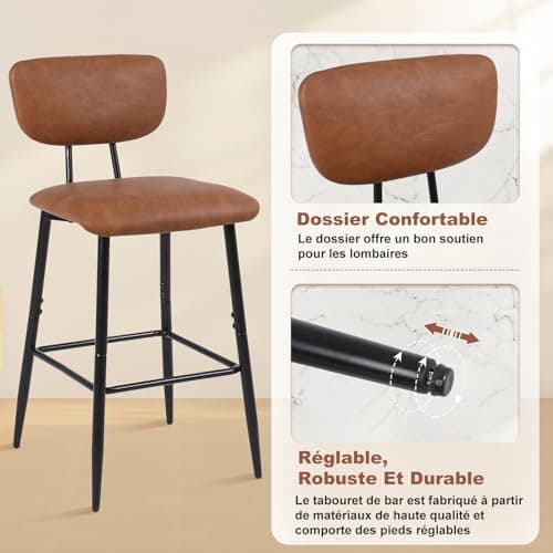 Nusetx Tabouret de Bar Lot de 2 Chaise de Bar avec Dossier et Repose-Pieds, Tabourets Haute pour Cuisine Salle à Manger Bistro, Chaise 65 cm de Haut, Brun