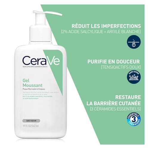 CeraVe - Gel Moussant - Nettoie & Elimine l'Excès de Sébum Sans Altérer la Barrière Cutanée - Acide Hyaluronique, Céramides & Niacinamide - Peau Normales à Grasses - 562 ml