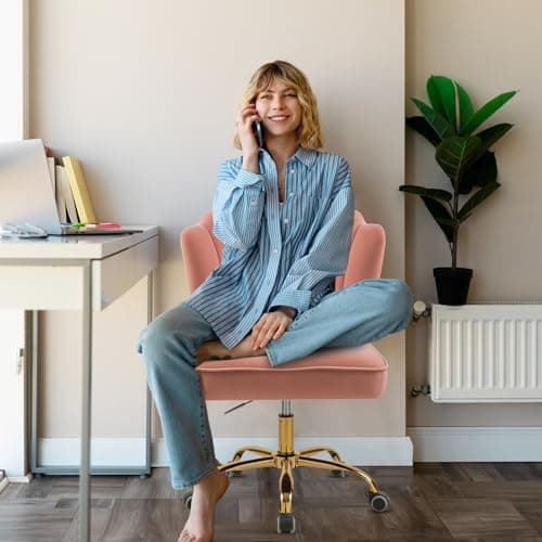 WOEOA Chaise de Bureau en Velours, Chaise Coiffeuse Coquillage, Pivotante à 360°, Hauteur Réglable, Pour Salon, Chambre à Coucher, Étude de Vanité, Charge Maximale 135 kg, Pour Filles et Femmes - Rose