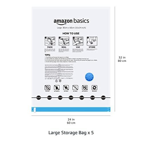 Amazon Basics housses de rangement sous vide avec pompe manuelle, Fermeture éclair, 5 pièces, Taille L, Clair
