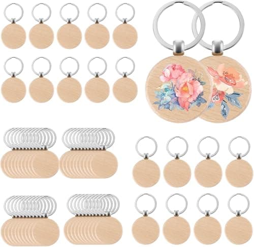 60 Pièces Porte-Clés en Bois Rond Vierge - Kit de Bricolage Pour Gravure et Cadeaux