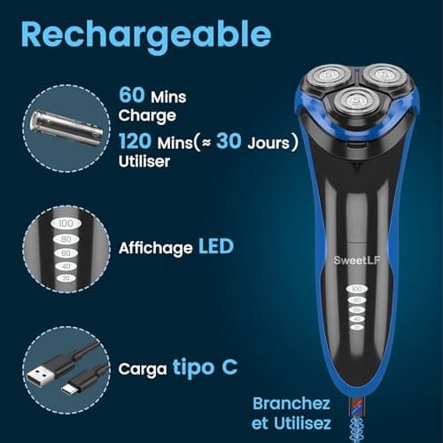 SweetLF Rasoir Electriques Hommes, Rasoir 2 en 1 2024, Tête Flottante 4D, Autonomie de 120 Mins, Longue Durée de Vie, Étanchéité IPX7, Utilisable à Sec et Sous L'eau, Écran LED (Bleu Foncé)