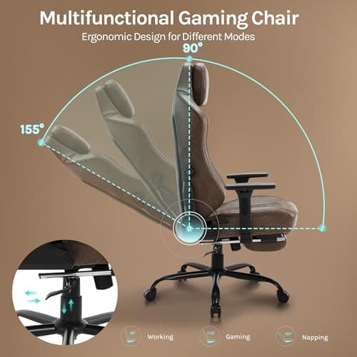 WOLTU Chaise Gaming, Chaise de Bureau Gamer Ergonomique avec Éponge intégrée Longue durée et Support Lombaire adaptatif, Inclinable, Similicuir Vintage, Brun, GS13br