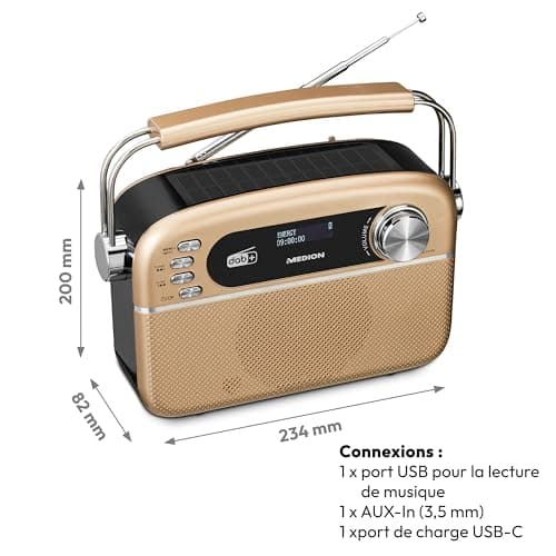 MEDION E66809 Dab Plus Radio Solaire Portable (Design rétro, Panneau Solaire, Bluetooth, Dab+ FM, Batterie intégrée, Port USB, AUX, minuteur de Mise en Veille, antenne télescopique) cuivre