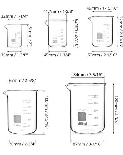 QWORK® Bécher Gradué 25ml 50ml 100ml 250ml 500ml en Verre Borosilicate, Lot de 5 Verre Doseur pour Laboratoire et Cuisine