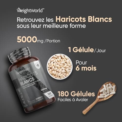 Haricots Blancs 5000 mg, 180 Gélules Vegan (6 Mois) Avec Zinc et Chrome Complément Alimentaire Pour Métabolisme des Glucides, Acides Gras et Glycémie - Extrait d'Haricots Blancs (50:1) - WeightWorld