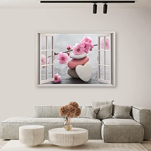 Feeby 1 pièces Impression sur toile 60x40 cm Fenêtre Zen Fleur de Cerisier Tableau Moderne Tableau Photo Chambre à Coucher Fleurs Spa rose