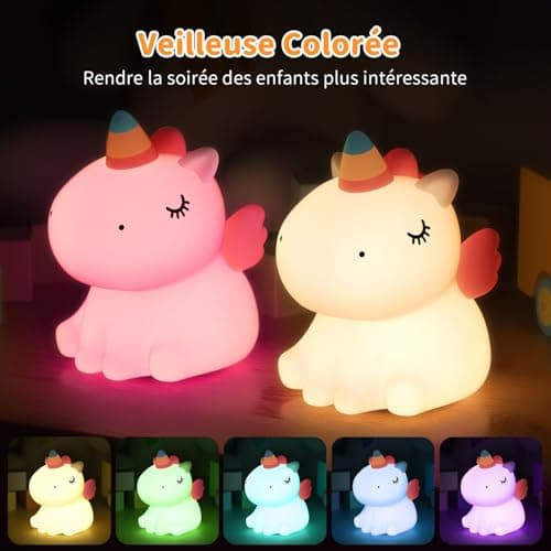 YISSVIC Veilleuse Bébé Enfant Rechargeable 7 Couleurs LED 3 Niveau Luminosité Veilleuse Licorne Filles Tactile Silicone Cadeau Nouveau-Né