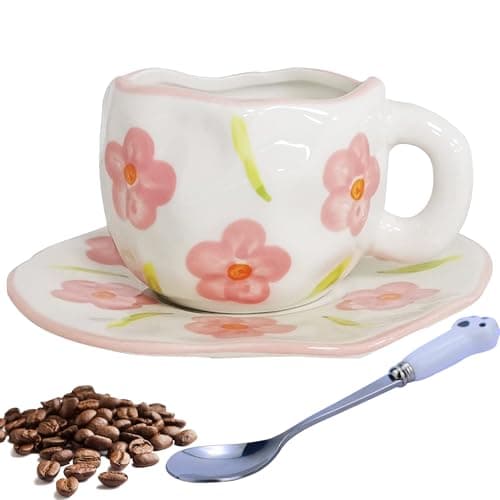 Disoza Set de Tasses à Café Avec Soucoupe Douces Fleurs Tasse Cadeaux d'Anniversaire Pour Les Femmes Tasse à Café avec Soucoupe 250 ML Céramique Tasse Cadeau d'Anniversaire Pour Les Femmes Fille Maman