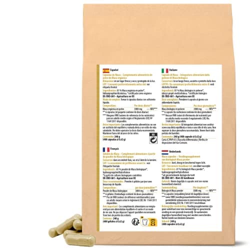 Gélules de maca bio 400 pièces | Recharge | hautement dosé avec 3000mg de poudre de maca par dose journalière | végétalien | 100% pure racine de maca du Pérou | vom Achterhof