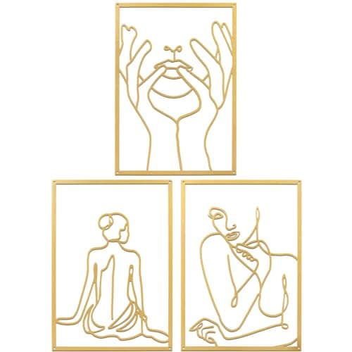 XIAOMAGG Lot de 3 décorations murales en métal doré - Décoration murale simple - Art moderne abstrait - Corps féminin - Décoration murale à suspendre pour chambre à coucher, salon, salle de bain