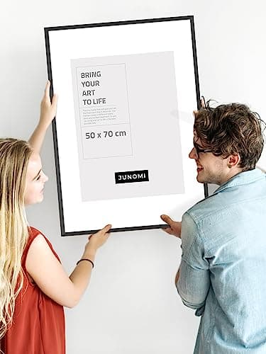 JUNOMI® Cadre photo 50 x 70 cm bois noir | Cadre photo noir avec verre plexi incassable | Cadre photo bois
