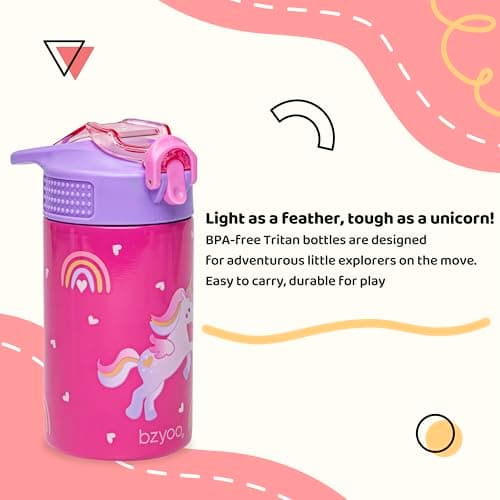 bzyoo Bouteille d'eau en acier inoxydable pour enfants 473,6 g – Étanche et facile à ouvrir ! Rose avec jolis motifs de licorne. Dispose d'une poignée et d'une fermeture sécurisée. Comprend une paille