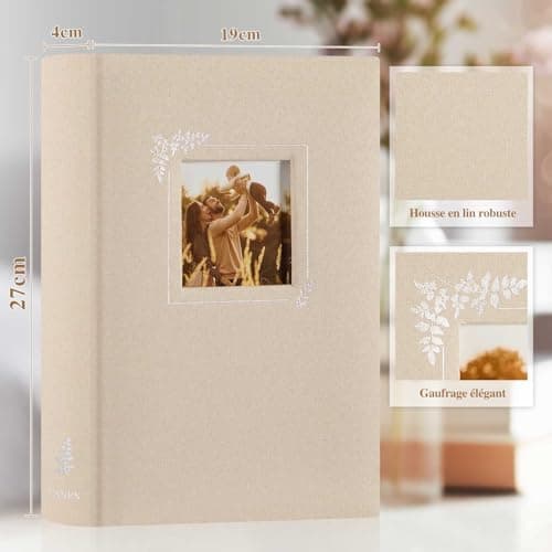 Lanpn Album Photo Scrapbooking, Petit Lin conception de fenêtre DIY Album 60 Pages Blanches Avec Séparateurs de Cellophane Pour 9x13cm 10x15cm 13x18cm Photos (19x27cm, Beige)
