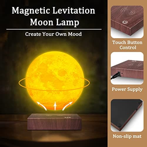 Lampe de lune flottante à lévitation magnétique - Lampe de lune LED à impression 3D avec contrôle tactile, 3 modes de rotation, veilleuse pour le bureau, la maison et la table, cadeau créatif